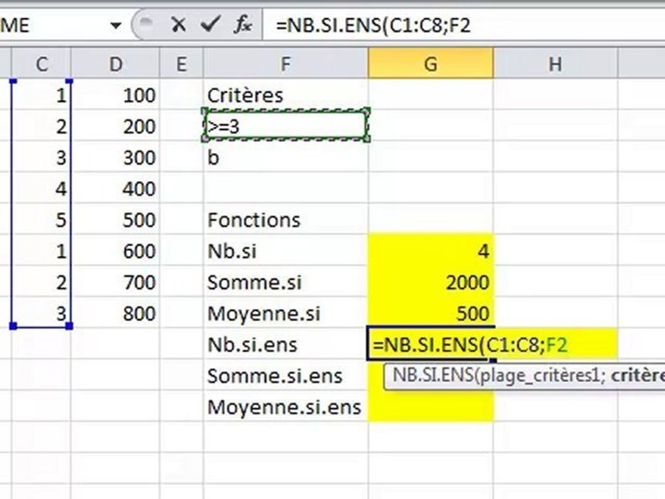 Fonctions Excel Nb.si, Somme.si, Moyenne.si, Nb.si.ens et +