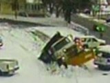 Snow plough falls in hole