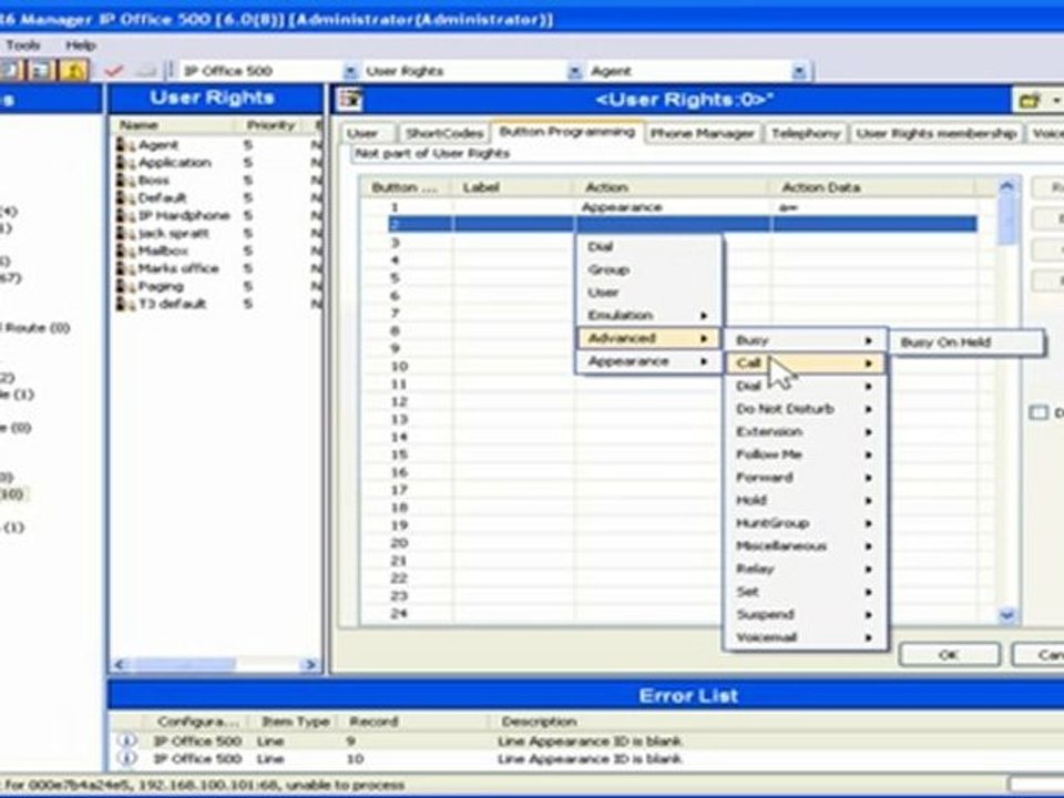 Creating User Rights Templates in Avaya IP Office Manager