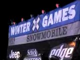 Levi LaVallee snowmobile backflip practice for 2008 Winter X Games