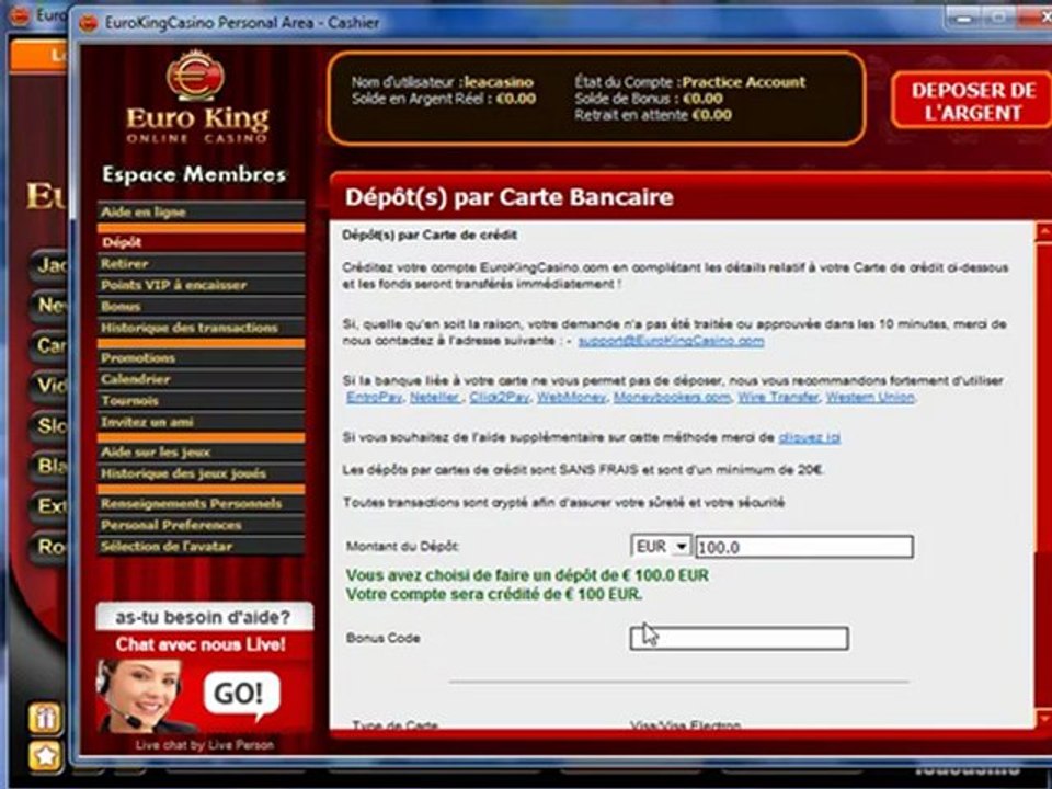 Deposer avec la carte credit Euroking casino