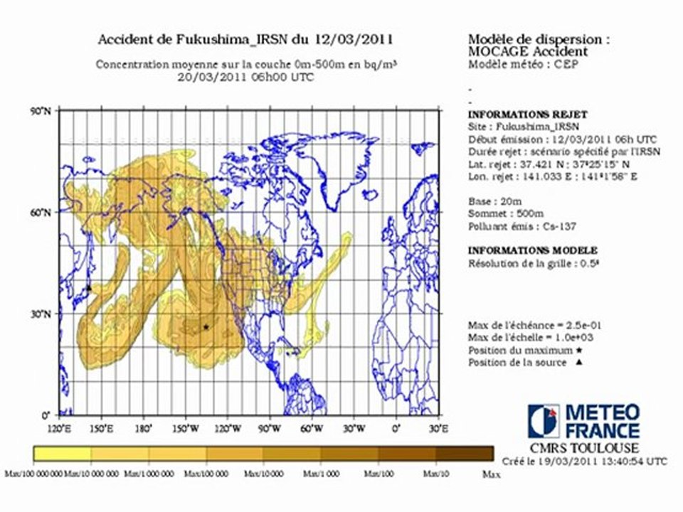 Dispertion du nuage nucléaire causée par la catastrophe au japon jusqu'au 19 mars
