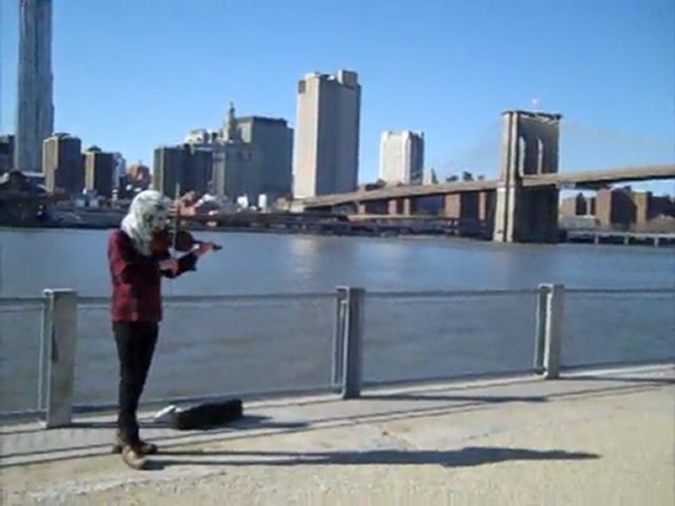 Violin Monster playing fiddle at Brooklyn Bridge Park, NYC