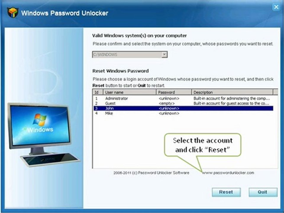 How to reset Windows password with Windows Password Unlocker?