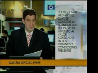 En Gaceta Oficial se exonera pago del IVA mediante decreto,