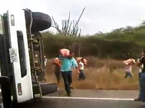 saqueo de camion de pollos accidentado