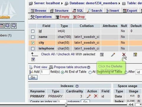 Deleting fields from database tables with phpMyAdmin by VodaHost.com web hosting