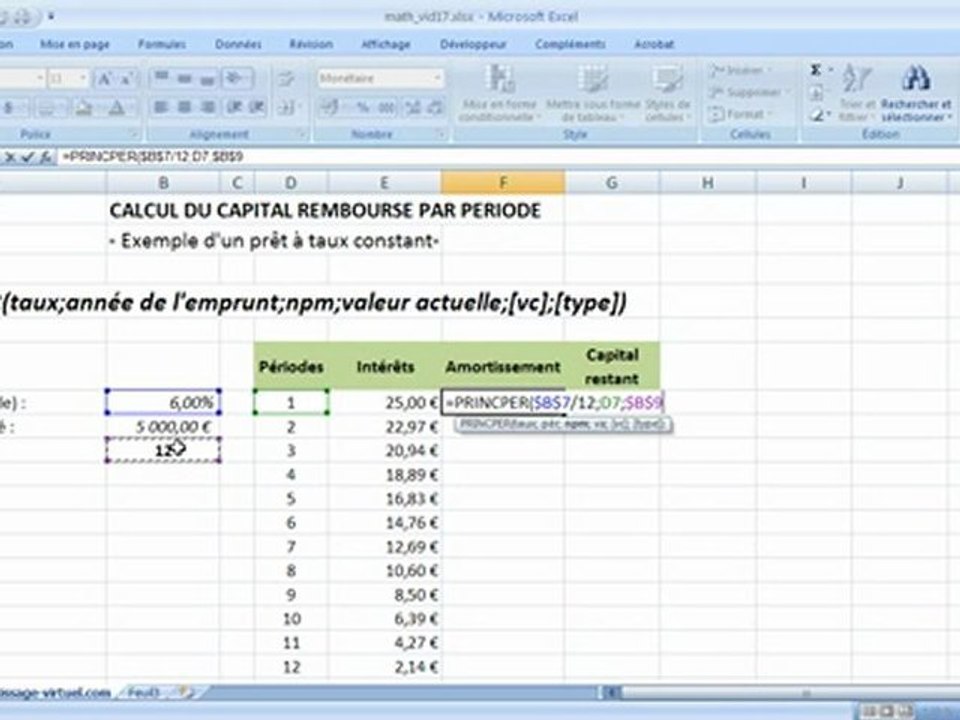 Fonction princper sur excel