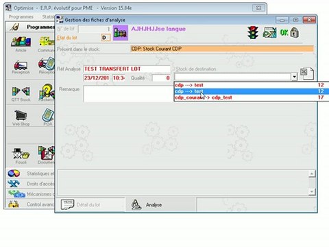 Stocks & Lots: Transfert Optimizze - ERP - V12