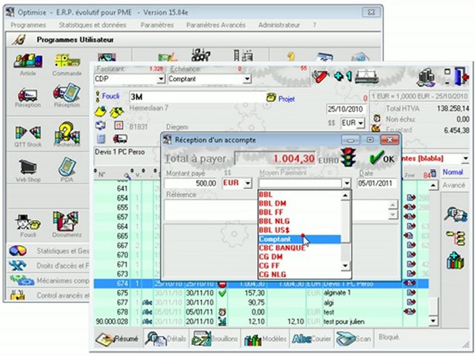 Documents: Encoder un acompte (module avancé) Optimizze - ERP - V12