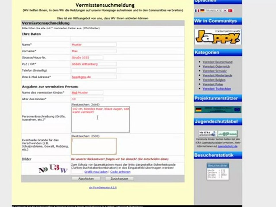 Vermisstensuchmeldung aufgeben unter www.vermisstekindersuchen.com