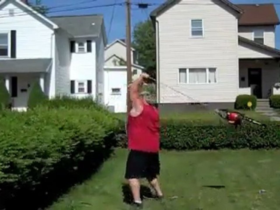 Redneck beim Heckeschneiden