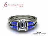 Emerald Cut 3 Stone Diamond Engagement Wedding Rings With Blue Sapphire FDENS195