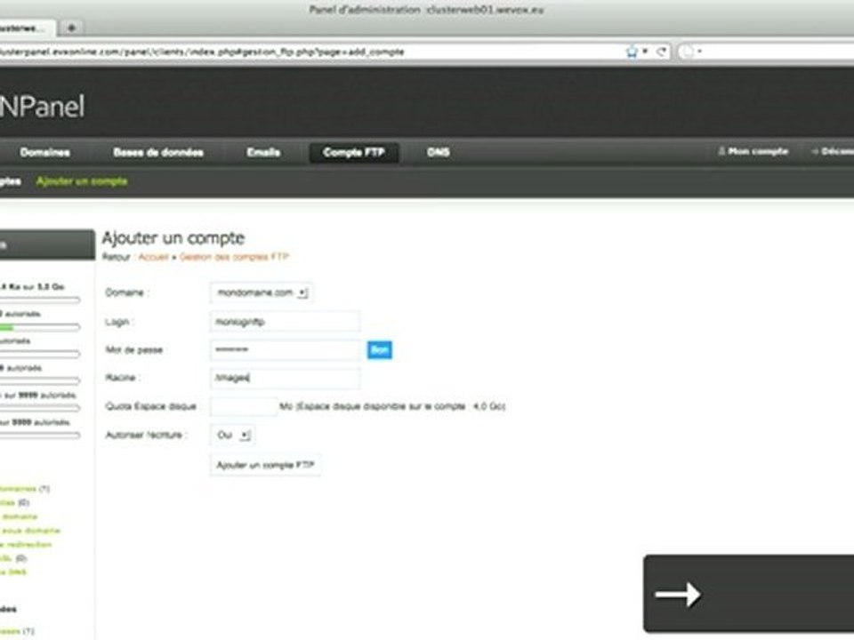 EvxOnline - Ajouter un compte FTP