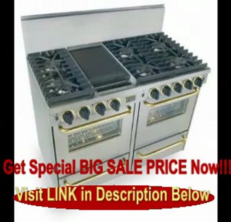 BEST PRICE 48 Pro-Style Natural Gas Range with 6 Sealed Ultra High-Low Burners 2.92 cu. ft. Convection Ovens Manual Clean and Double Sided Grill/Griddle Stainless Steel with Brass