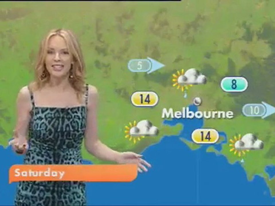 Kylie Minogue presenting weather news on TV