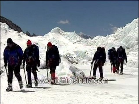 Mountain climbers negotiating an icefall