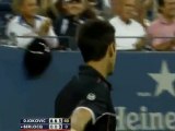 Novak Djokovic hits between the legs shot at U.S. Open 2011
