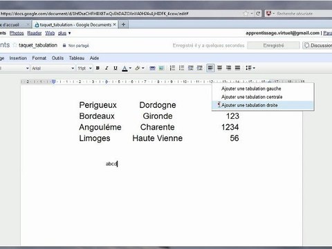 Google docs - Taquet de tabulation