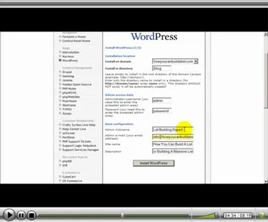 installing wordpress from fantastico cpanel