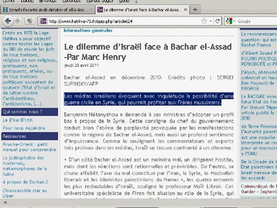 syrie :le dictateur cheri d'israel