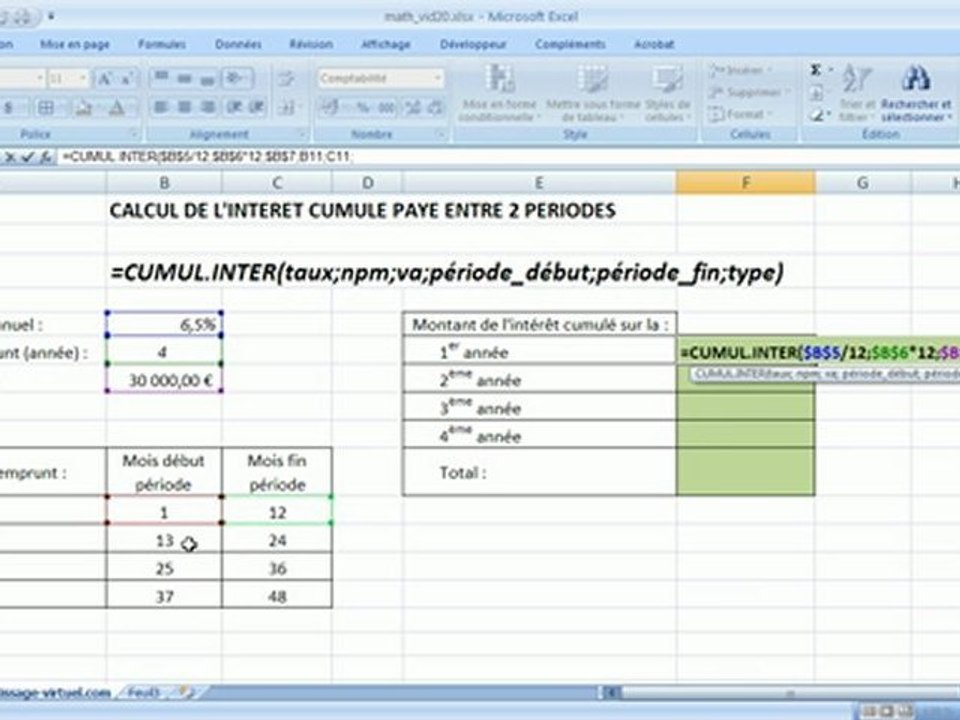Fonction financière Excel - Cumul.inter