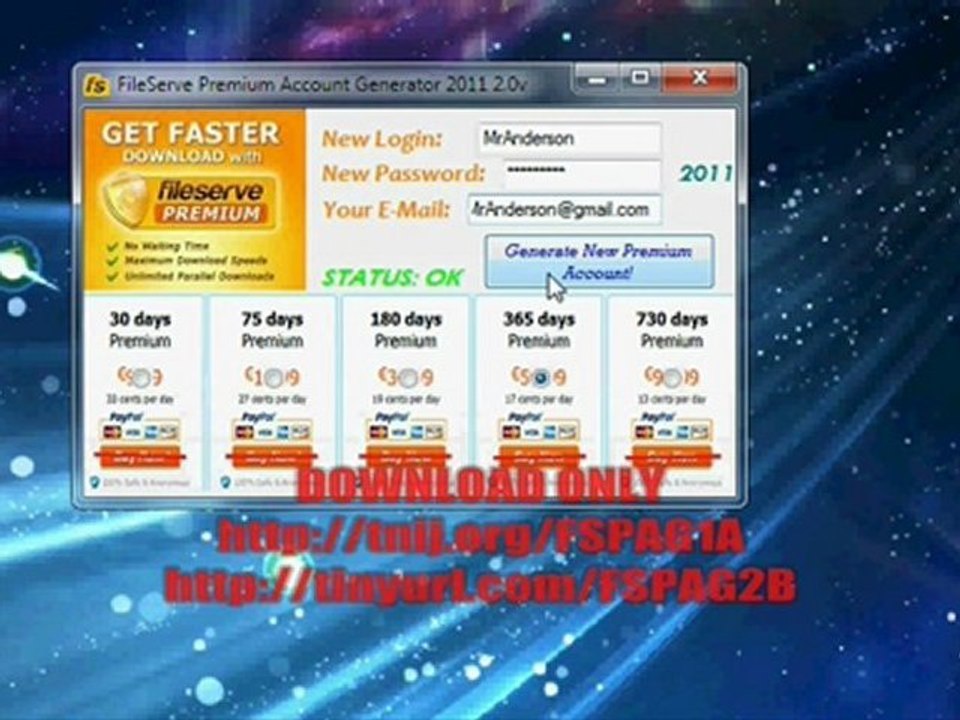 FileServe Premium Account Generator 2011 2.0v