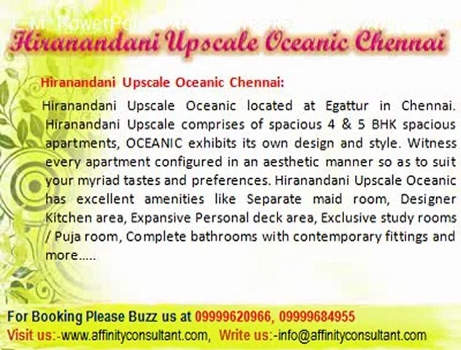 hiranandani upscale chennai | 09999620966 | hiranandani property chennai | hiranandani flats in chennai