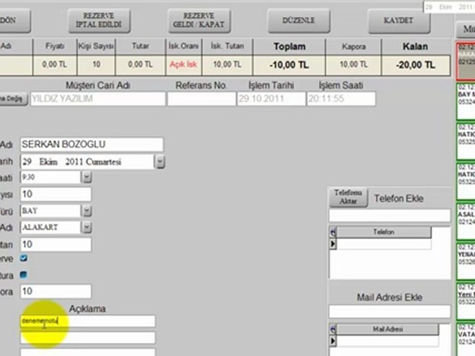 Rest rezerve rezervasyon programı ile rezerve kayıt işlemi