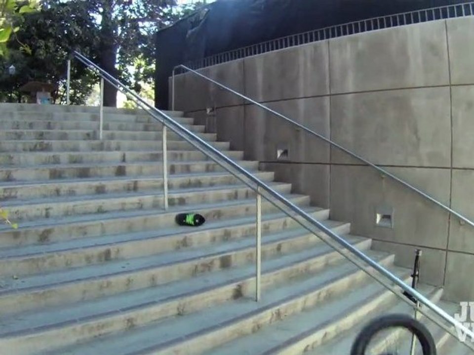 Unicycle Crashes Down Stairs - Guy loses his shoes