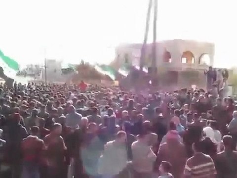 فري برس مظاهرة تطالب باسقاط الأسد أمام الدبابات تفتناز إدلب 2 12 2011