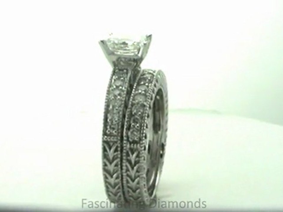 FDENS1790RA          Radiant Cut Vintage Style Wedding Rings Set With Milgrains And Engraved Band