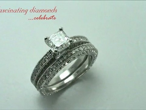 Vintage Style Bridal Wedding Ring Set With Milgrains And Engraved Band