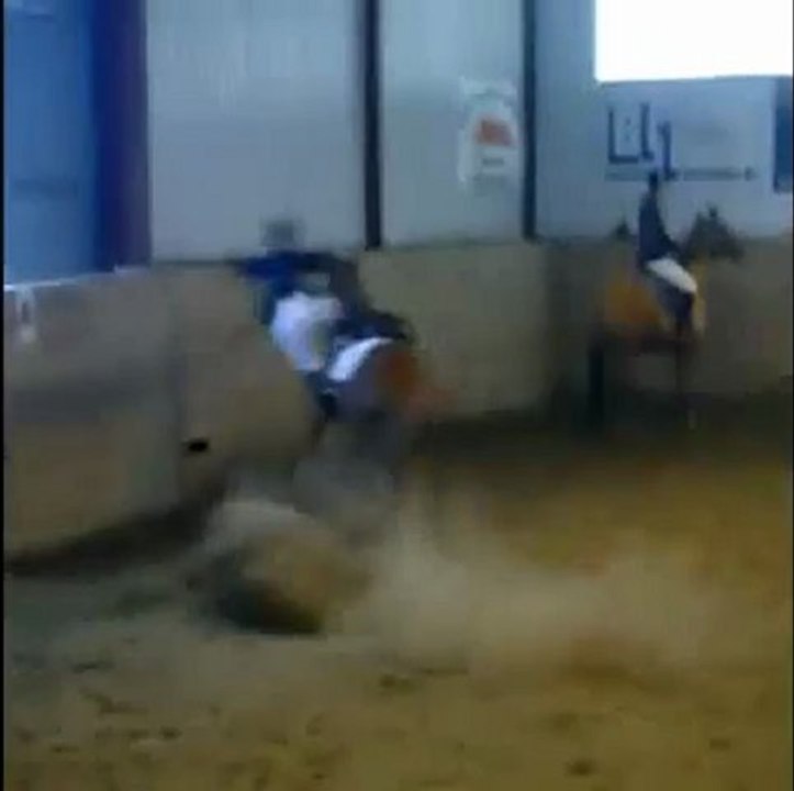 Un cheval projette son cavalier contre un mur