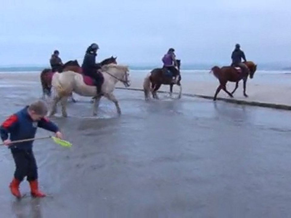 Passage d'eau sur la plage du ris à Douarnenez à cheval