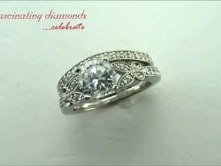 Round Cut Diamond Fleur Wedding Rings Set W Round Side Stones In Pave Setting 