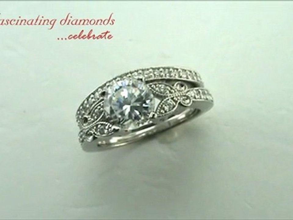 Round Cut Diamond Fleur Wedding Rings Set W Round Side Stones In Pave Setting 