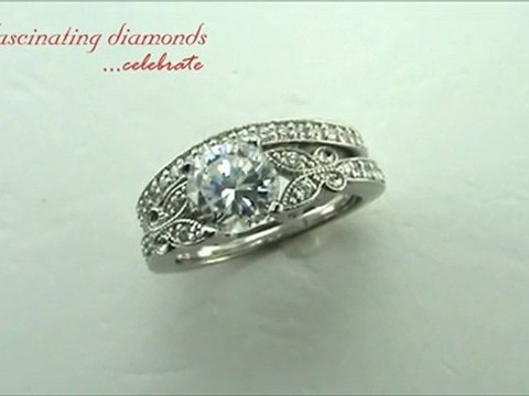 Round Cut Diamond Fleur Wedding Rings Set W Round Side Stones In Pave Setting 