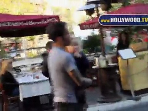 Pete Wentz, Meagan Camper, and Bronx Mowgli Wentz walk The Grove