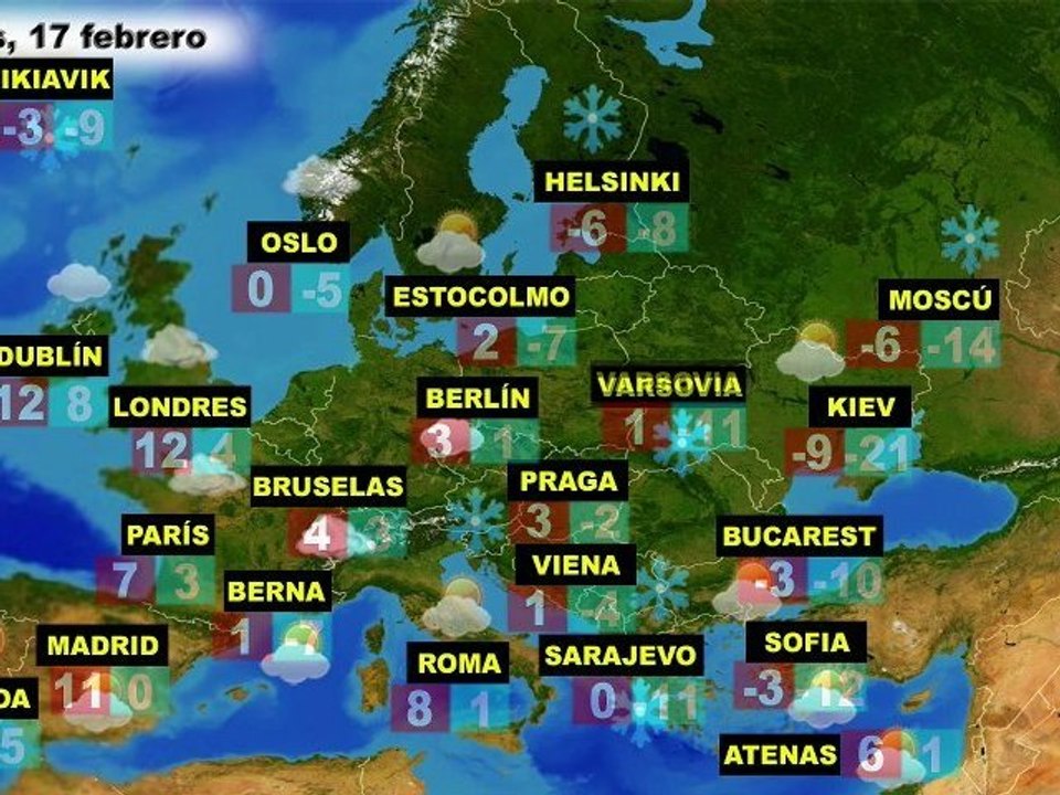 El tiempo en Europa, por países, previsión jueves 16 y viernes 17 de febrero