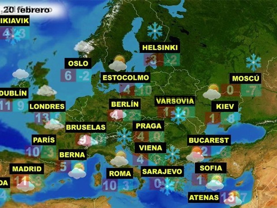 El tiempo en Europa, por países, previsión lunes 20 y martes 21 de febrero