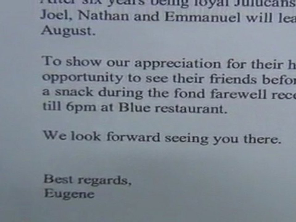 Farewell gathering memo for the Filipino staff of Cap Juluca and coralee