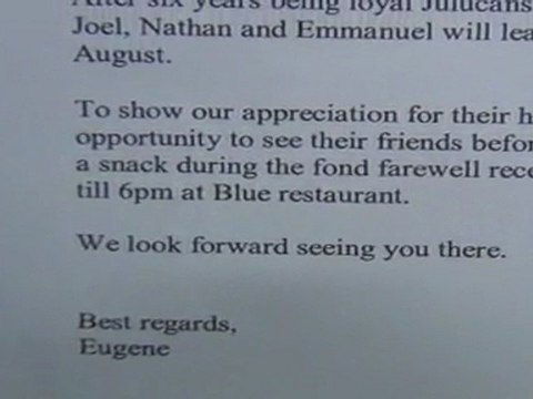 Farewell gathering memo for the Filipino staff of Cap Juluca and coralee