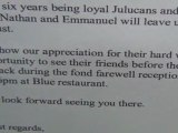 Farewell reception memo for the Filipino staff of Cap Juluca