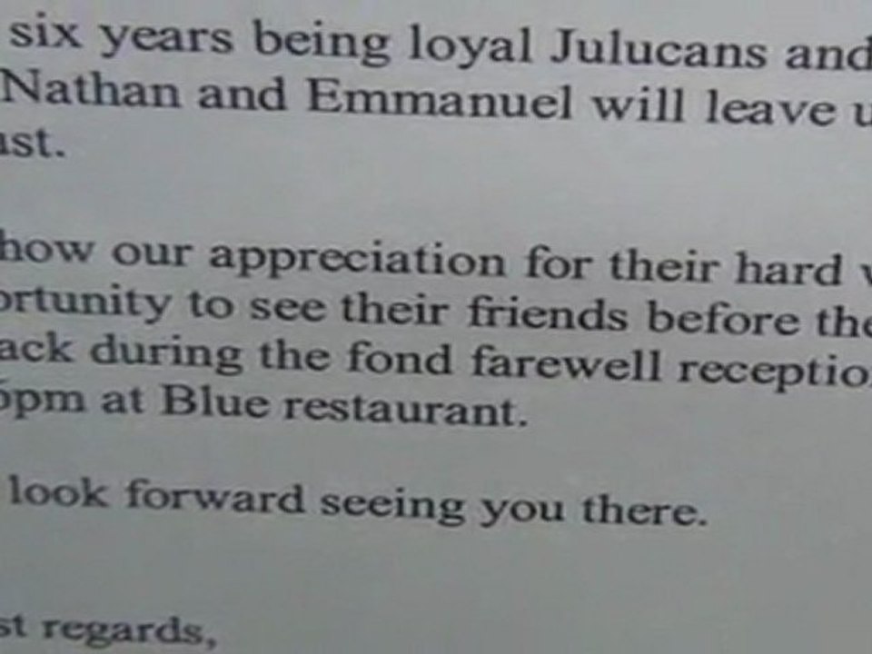 Farewell reception memo for the Filipino staff of Cap Juluca
