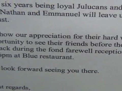 Farewell reception memo for the Filipino staff of Cap Juluca