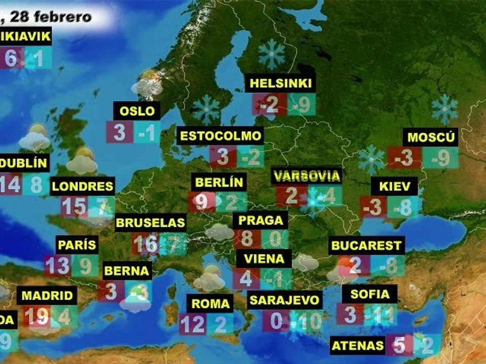 El tiempo en Europa, por países, previsión lunes 27 y martes 28 de febrero