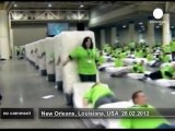 Human mattress domino World Record falls in USA - no comment