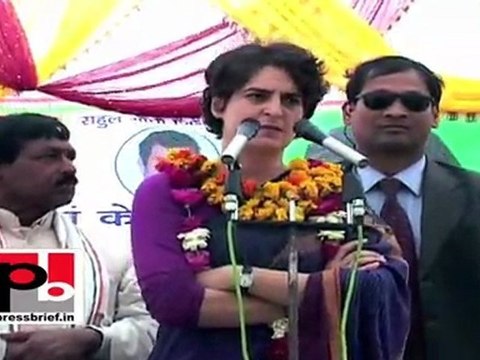 Priyanka Gandhi Vadra speaks at an election meeting in Halor (Raebareli)