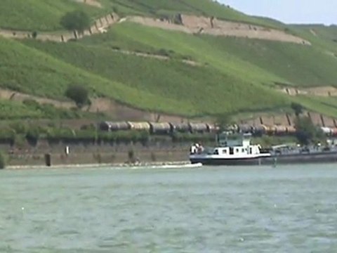Bauzug, BR185, BR143 und Rheinschiffe bei Rüdesheim